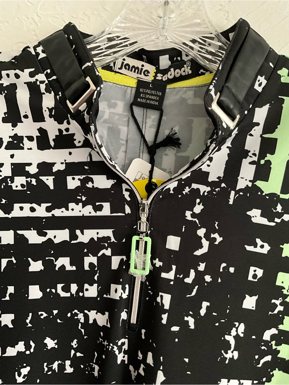 Jamie Sadock Short Sleeve Golf Top Large Jet Black Lime Green NWT - Picture 2 of 6